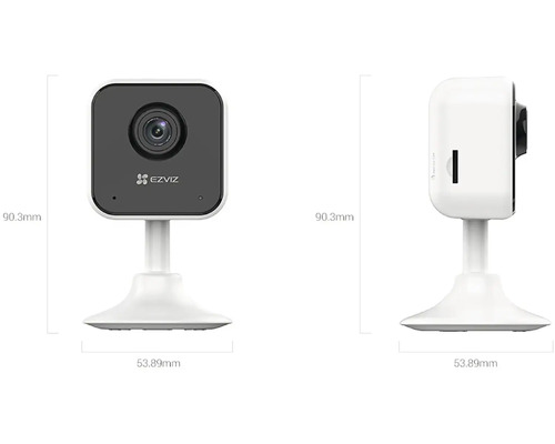 Logo EZVIZ, bezpečnostná kamera s rozmermi 90,3 mm na výšku a 53,89 mm na šírku