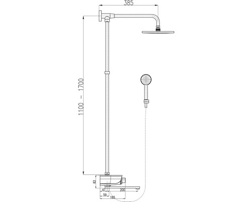 Technický nákres sprchovej batérie s hlavovou a ručnou sprchou a rozmermi.