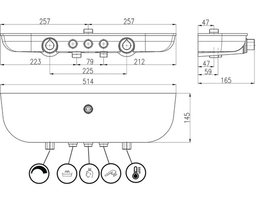Technický výkres sprchového panela s rozmermi