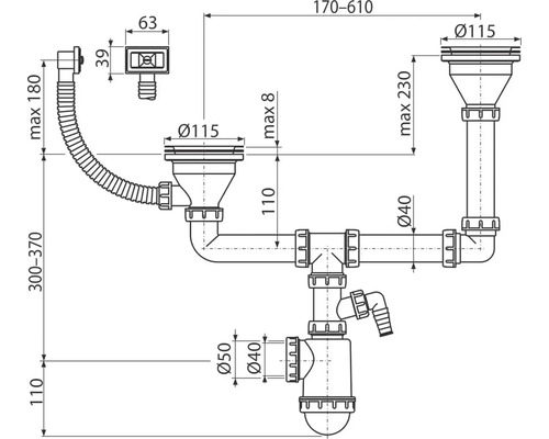 Technický nákres umývadlového odtokového systému s rozmermi