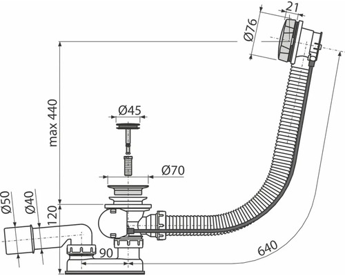 Technický nákres sifónu s rozmermi