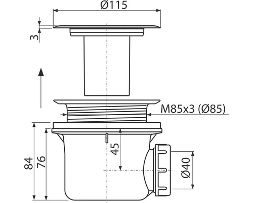 Technický nákres podlahovej vpuste s rozmermi