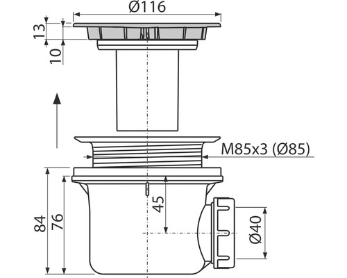 Technický nákres podlahovej vpuste s rozmermi