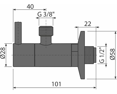 Technický nákres rohového ventilu s rozmermi