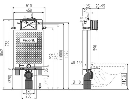 Technický nákres splachovacej nádrže s rozmermi