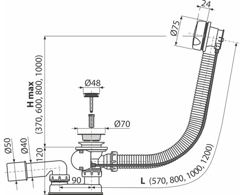 Technický nákres sifónu s rozmermi