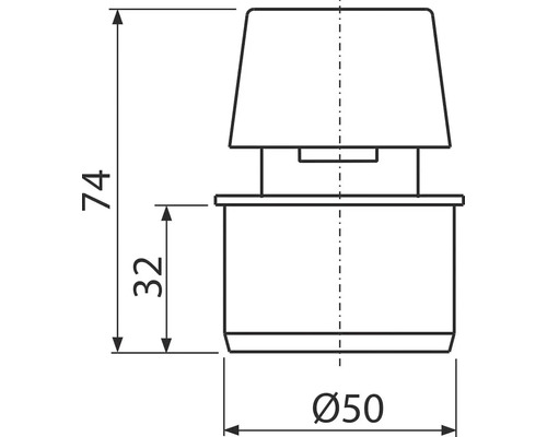 Technický výkres komponentu s rozmermi 74 mm výšky a 50 mm priemeru