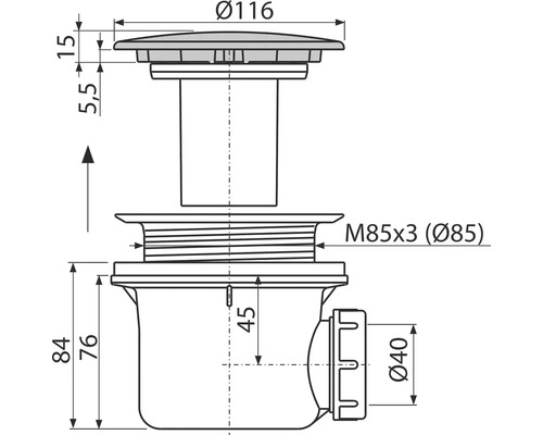 Technický nákres podlahovej vpuste s rozmermi