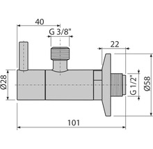 Technický výkres rohového ventilu s rozmermi