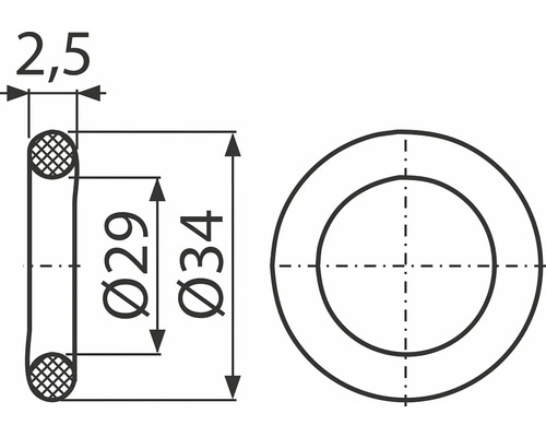 Technický výkres O-krúžku s rozmermi 2,5 mm, priemerom 29 mm a priemerom 34 mm