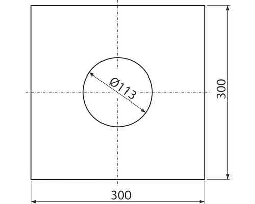 Technický nákres dosky s priemerom 113 mm a rozmerom 300 x 300 mm