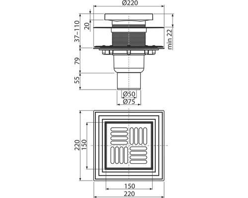 Technický nákres podlahovej vpusť s rozmermi