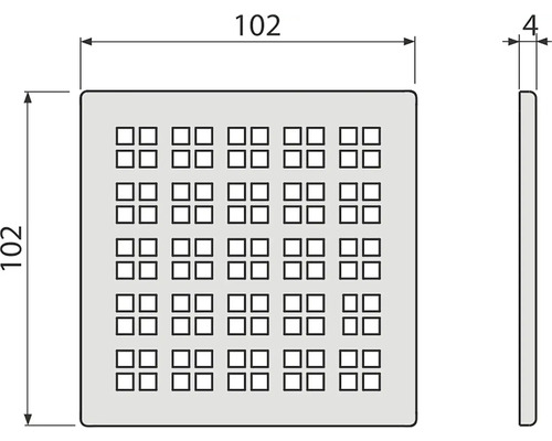 Štvorcové veko odtoku s rozmermi: 102 x 102 x 4 milimetre