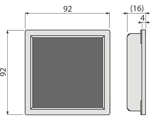 Technický výkres štvorcového objektu s rozmermi 92 x 92 x 16 mm