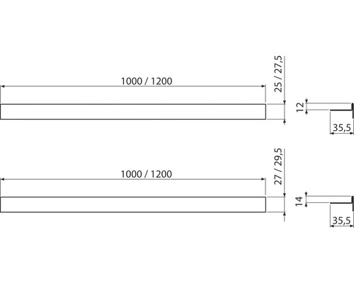 Technický nákres dvoch profilových líšt s rozmermi