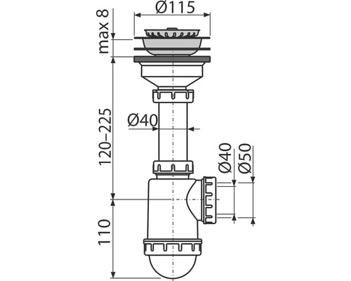 Technický nákres sifónu s rozmermi