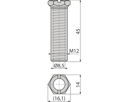 Technický nákres skrutky M12 s rozmermi 45 mm dĺžka, 8,5 mm priemer a 16,1 mm veľkosť kľúča