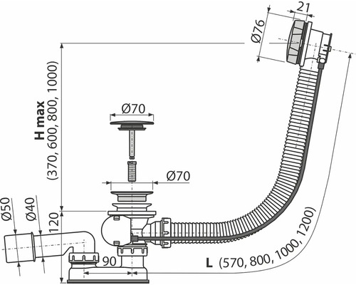 Nákres sifónu s rozmermi