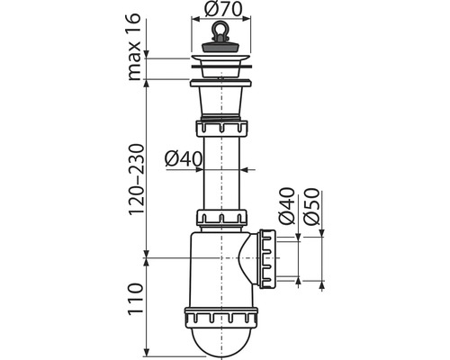 Technický výkres sifónu s rozmermi