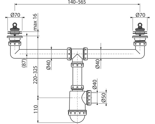 Technický nákres sifónu s rozmermi