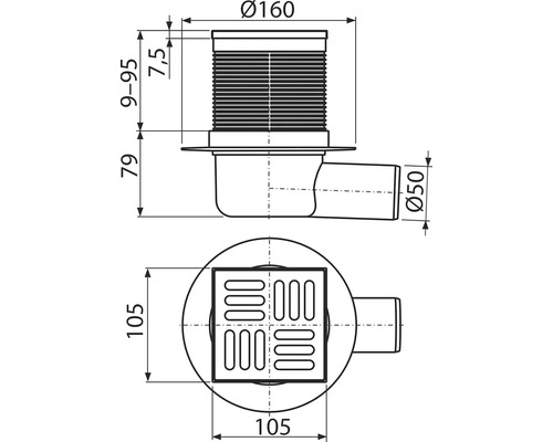 Technický nákres podlahového odtoku s rozmermi