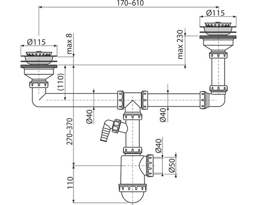 Obrázok rozmerov pre súpravu odtoku drezu