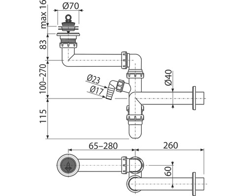 Technický výkres sifónu s rozmermi