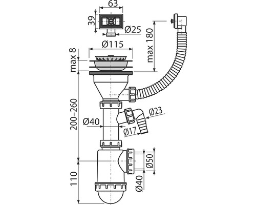 Technický výkres sifónu s rozmermi
