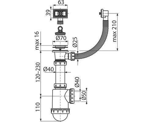 Technický výkres sifónu s rozmermi