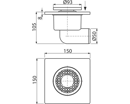 Technický výkres podlahovej vpuste s rozmermi