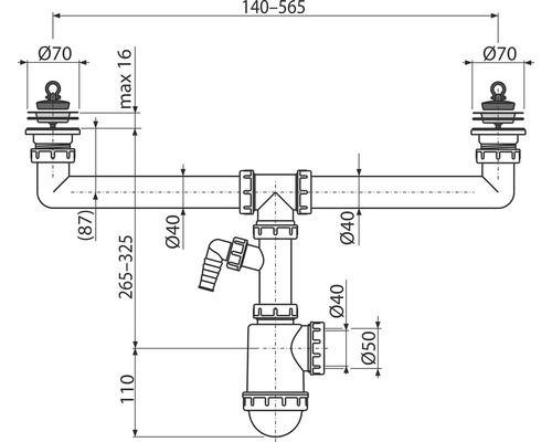 Výkres dvojitého sifónu s rozmermi