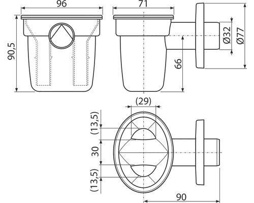 Technický nákres odtokového ventilu s rozmermi