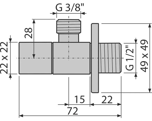 Technický nákres rohového ventilu s rozmermi