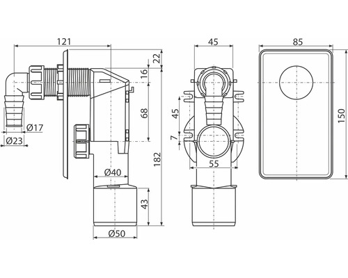 Technický výkres sifónu s rozmermi