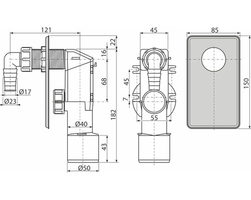 Technický nákres sifónu s rozmermi