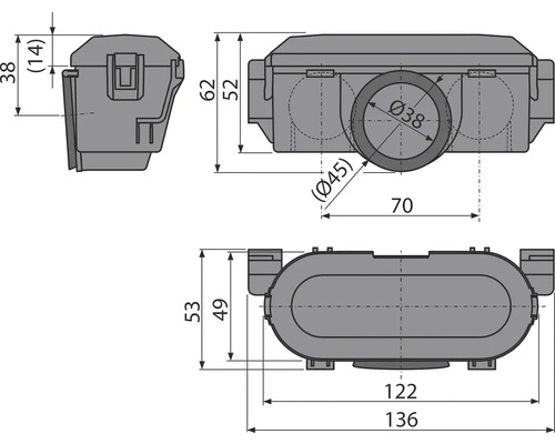 Technický nákres inštalačnej krabice s rozmermi