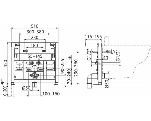 Rozmerový nákres inštalačného modulu pre WC s príslušnými rozmermi