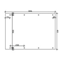 Technický nákres s rozmermi: 846 x 611 mm, výška 550 mm