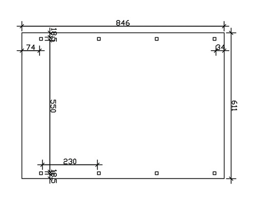 Technický nákres s rozmermi: 846 x 611 mm, výška 550 mm