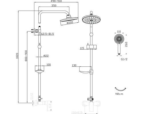 Technický nákres sprchového systému s hlavovou a ručnou sprchou a rozmermi