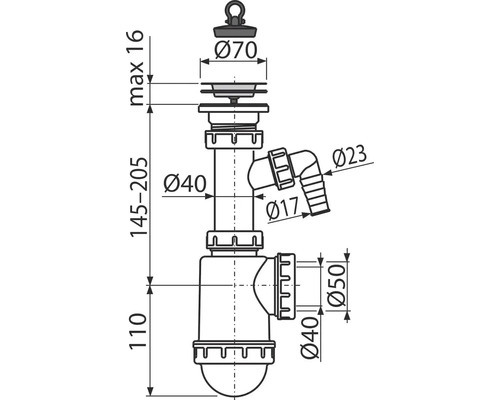Technický nákres sifónu s rozmermi