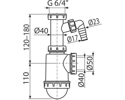 Technický nákres sifónu s rozmermi