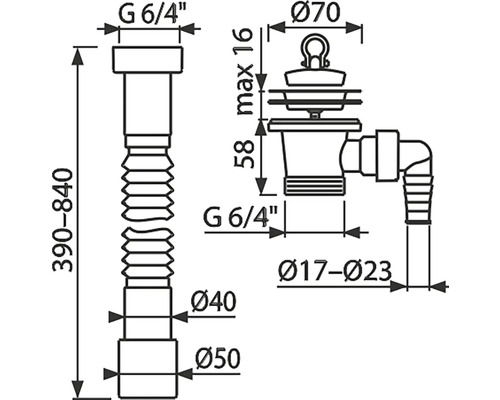Technický nákres sifónu a vypúšťacej armatúry s rozmermi
