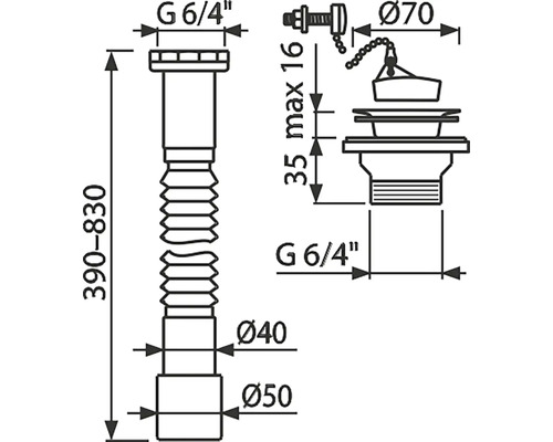 Technický nákres sifónu s rozmermi