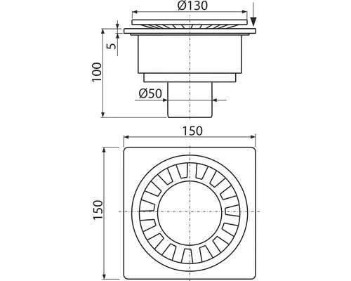 Technický nákres podlahového odtoku s rozmermi 150 x 150 milimetrov, výškou 100 milimetrov a priemerom 130 milimetrov, respektíve 50 milimetrov