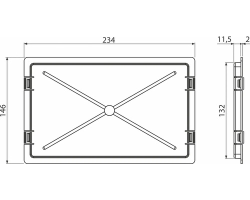 Technický nákres boxu s rozmermi dĺžka 234 mm, šírka 146 mm a výška 132 mm.