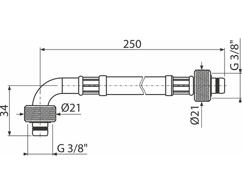 Technický nákres rohového konektora s rozmermi 250, 34 a priemerom 21 a závitom G 3/8 palca