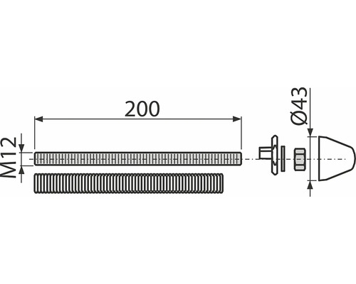 Technický výkres závitovej tyče s rozmermi M12 a dĺžkou 200 mm a matice s priemerom 43 mm.