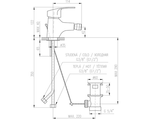 Technický výkres armatúry s rozmermi