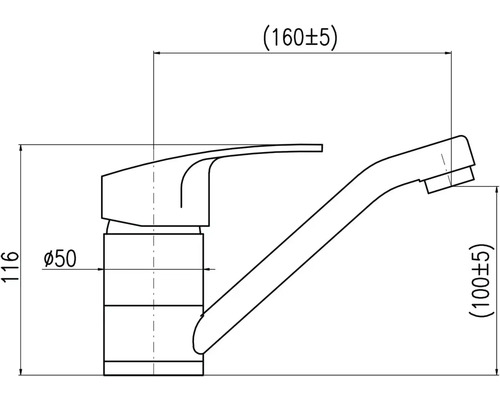 Technický nákres kuchynskej batérie s rozmermi
